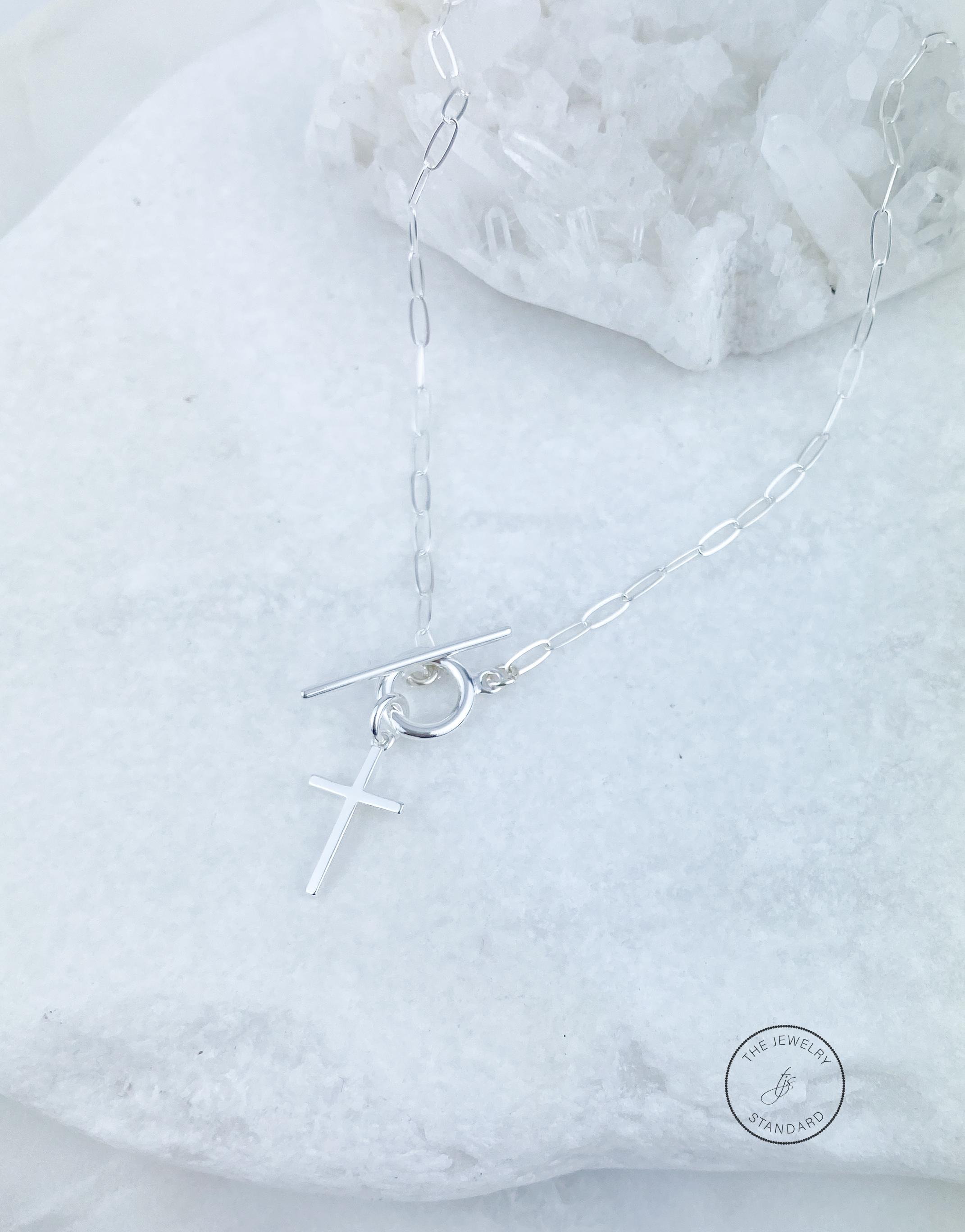 Silver Cross Necklace, Dainty Paperclip Chain, Toggle Clasp, Cross Silver Cross Necklace, Dainty Paperclip Chain, Toggle Clasp, Cross