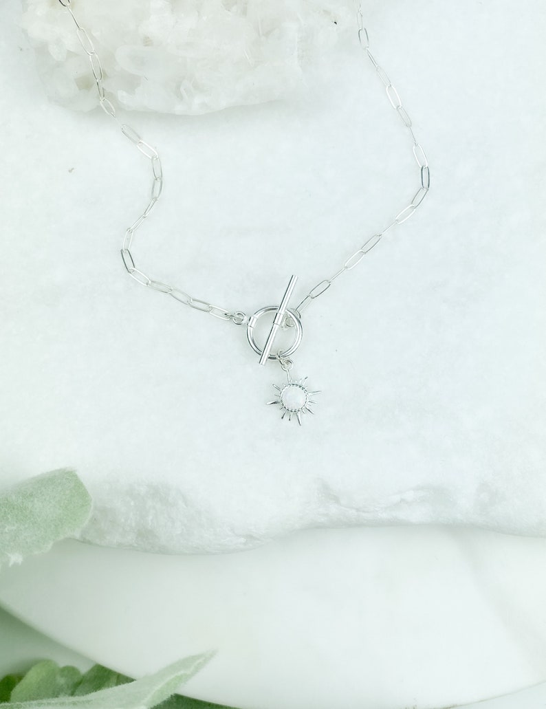 Sterling Silver Sun Necklace, Silver Toggle Necklace, Paperclip Necklace, Sun Necklace Silver, Opal Sun necklace, Gift for her, Jewelry