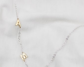 initial necklace, two tone letter necklace, dainty initial necklace, personalized jewelry, sideways initial necklace, dainty jewelry, custom