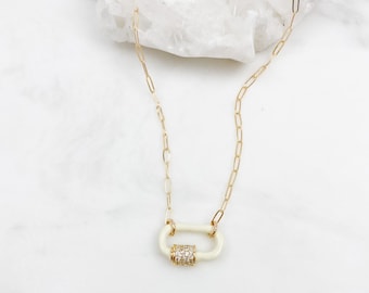 Carabiner necklace, lock necklace, hardware necklace, birthday gift for her, gold necklace, paperclip chain necklace, enamel necklace