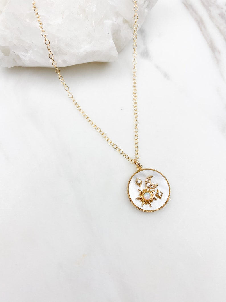 Gold necklace, Opal star necklace, Celestial jewelry, dainty necklace, gift for her, necklaces for women, moon stars necklace, sun necklace