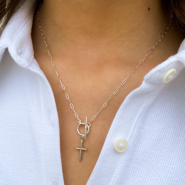 Small Silver Cross necklace for women, Sterling silver Cross, paperclip chain necklace with mini toggle closure, silver necklace, dainty