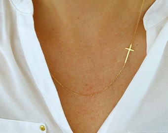 Cross necklace women, sideways cross necklace, gold cross necklace, dainty jewelry, gifts for her, gift for women,  necklaces for women