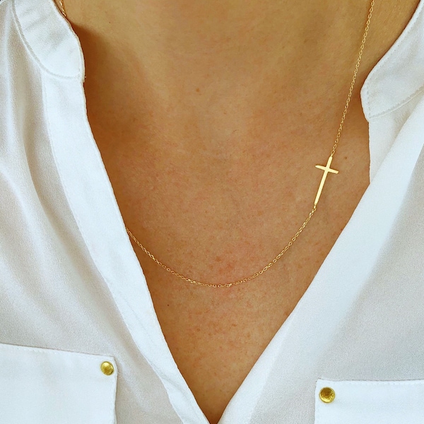 Cross necklace women, sideways cross necklace, gold cross necklace, dainty jewelry, gifts for her, gift for women,  necklaces for women