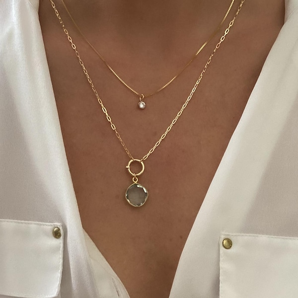 Collar con dije de piedra de nacimiento, collar con cadena de clip, collar con porta dijes, collar de oro, collar de plata esterlina, regalo para ella, delicado