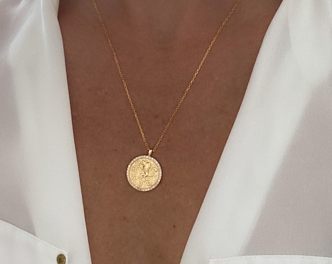 14k Gold Zodiac Necklace, Gold necklaces, jewelry, gifts for her, medallion necklace, leo, scorpio, pisces, gemini, dainty gold