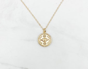 Evil eye necklace, coin necklace, dainty gold necklace, dainty jewelry, layering necklace, evil eye gold coin necklace, gifts for her