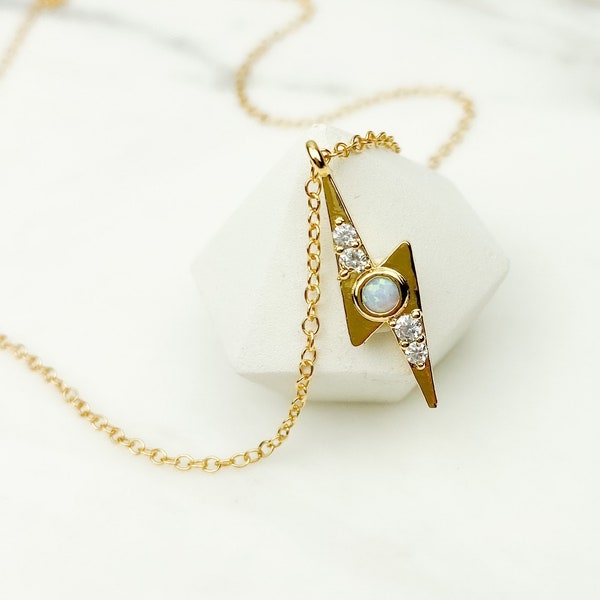 Gold necklace, Opal necklace, Lightning bolt necklace, dainty necklace, dainty jewelry, birthday gift for her