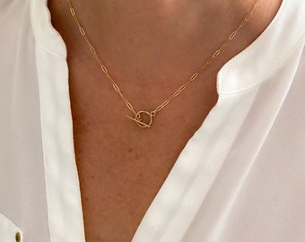 14k gold filled paperclip chain necklace with mini toggle closure, Gold necklace, dainty necklace, layering necklace, jewelry gift for her