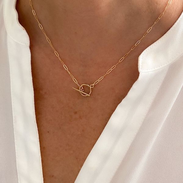 Gold paperclip chain necklace with mini toggle closure, Gold necklace, dainty necklace, layering necklace, jewelry gift for her