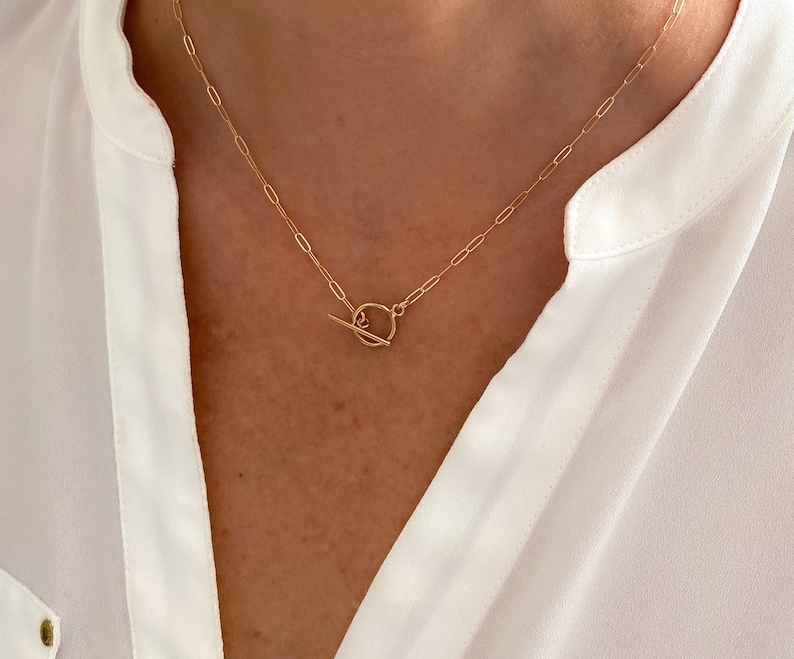 14k gold filled paperclip chain necklace with mini toggle closure, Gold necklace, dainty necklace, layering necklace, jewelry gift for her 