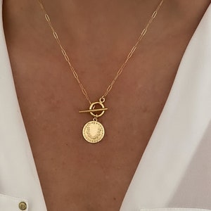 Gold filled paperclip chain necklace with mini toggle closure, Gold necklace, Olive branch medallion necklace, jewelry gift for her