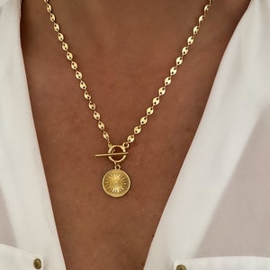 24k Gold filled mariner chain necklace with toggle closure, Gold necklace, Toggle Medallion Necklace, Sun Necklace, jewelry gift for her image 1