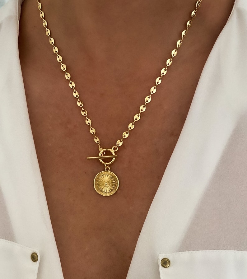 24k Gold filled mariner chain necklace with toggle closure, Gold necklace, Toggle Medallion Necklace, Sun Necklace, jewelry gift for her image 1