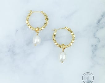 Pearl earrings, gold earrings, hoop earrings, bead hoop earrings, pearl dangle earrings, wedding jewelry, earrings, birthday gift, Jewelry