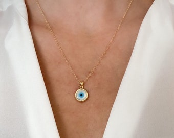 Evil eye necklace, coin necklace, dainty gold necklace, dainty jewelry, layering necklace, evil eye gold coin necklace, gifts for her