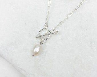 Sterling Silver paperclip chain necklace with mini toggle closure , Silver necklace, pearl necklace, layering necklace, jewelry gift for her