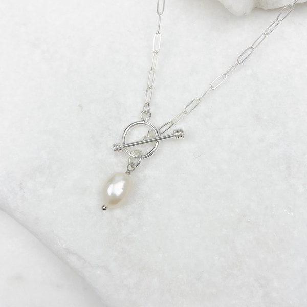 Sterling Silver paperclip chain necklace with mini toggle closure , Silver necklace, pearl necklace, layering necklace, jewelry gift for her