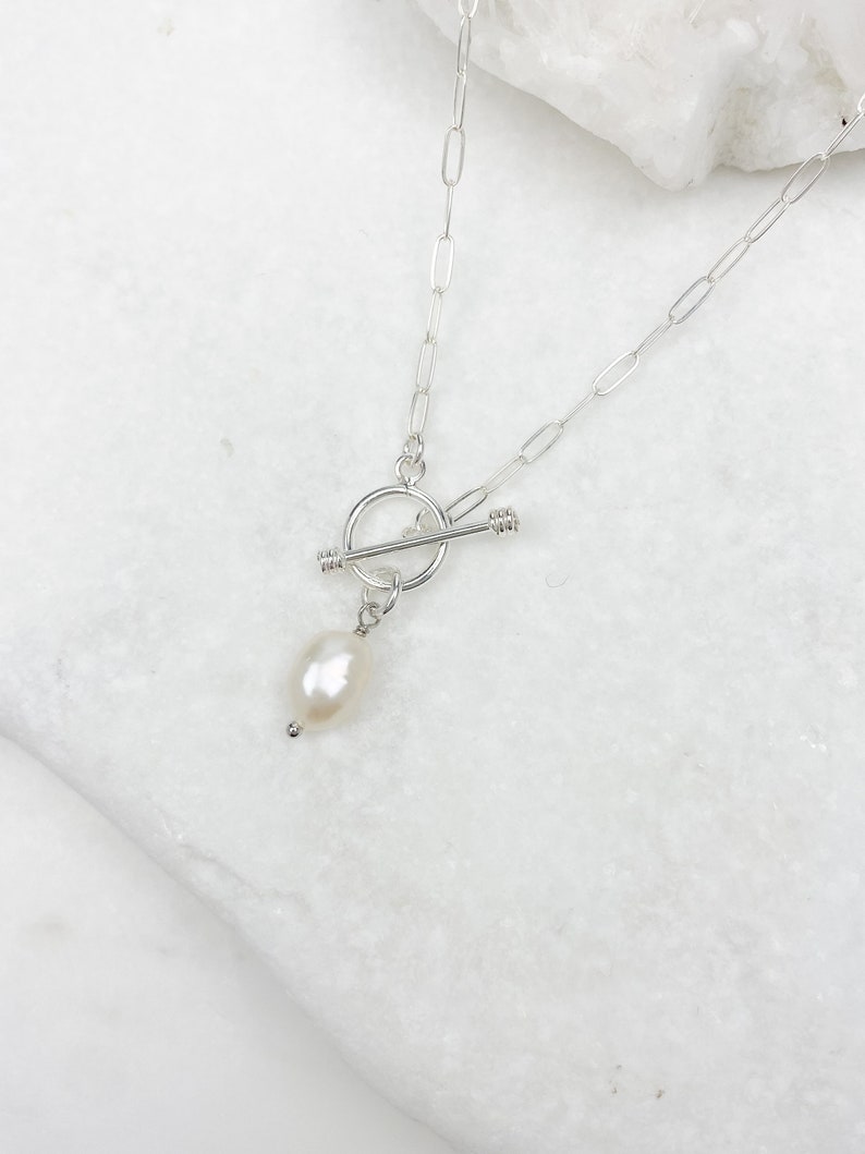 Sterling Silver paperclip chain necklace with mini toggle closure , Silver necklace, pearl necklace, layering necklace, jewelry gift for her image 1