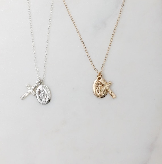 Cross necklace, Mary necklace, Dainty necklace, necklaces for women, gift for her, gold necklace, sterling silver necklace, charm necklace