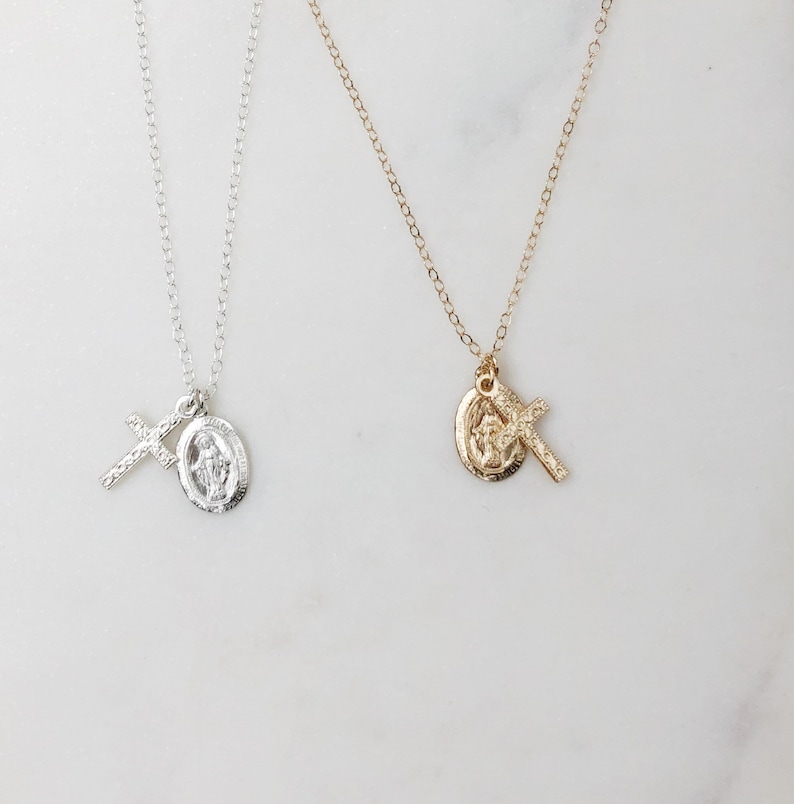 Cross necklace, Mary necklace, Dainty necklace, necklaces for women, gift for her, gold necklace, sterling silver necklace, charm necklace 