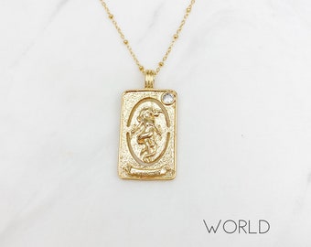 Pendant necklace, gold necklace, gold necklaces for women, world, sun tarot card, jewelry, gift for her, tarot card necklace