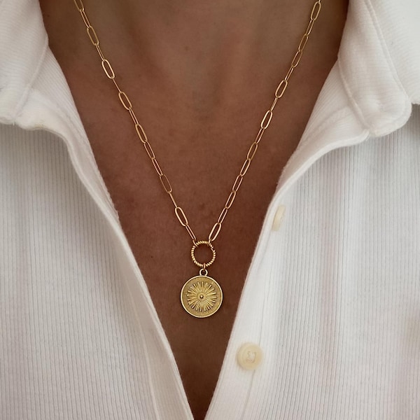 Gold paperclip chain necklace with charm ring closure, Gold necklace, charm Medallion Necklace, Sun Necklace,jewelry gift for her
