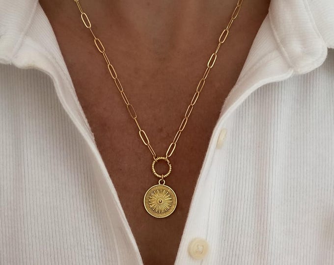 Gold paperclip chain necklace with charm ring closure, Gold necklace, charm Medallion Necklace, Sun Necklace,jewelry gift for her