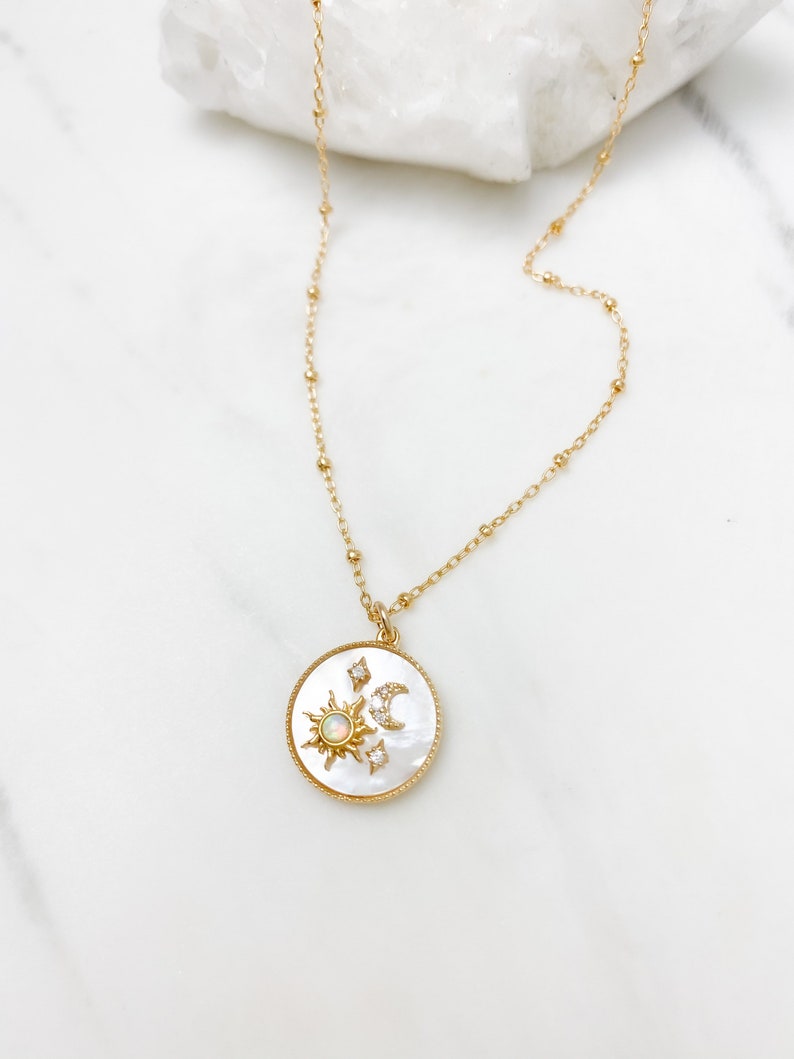 Gold necklace, Opal star necklace, Celestial jewelry, dainty necklace, gift for her, necklaces for women, moon stars necklace, sun necklace