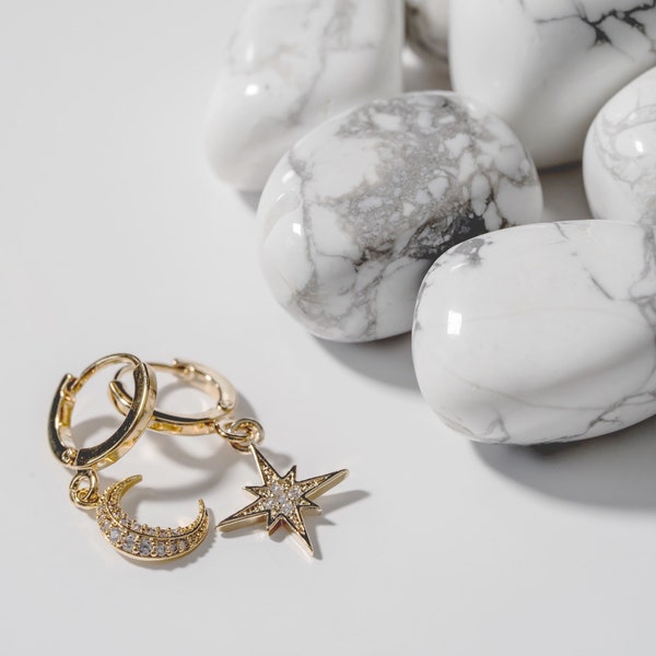 Star and Moon Earrings, Hoop Earrings, Gold Earrings, Small  Earrings, Dainty Jewelry, Gifts for her, Birthday gift, bridesmaid gifts