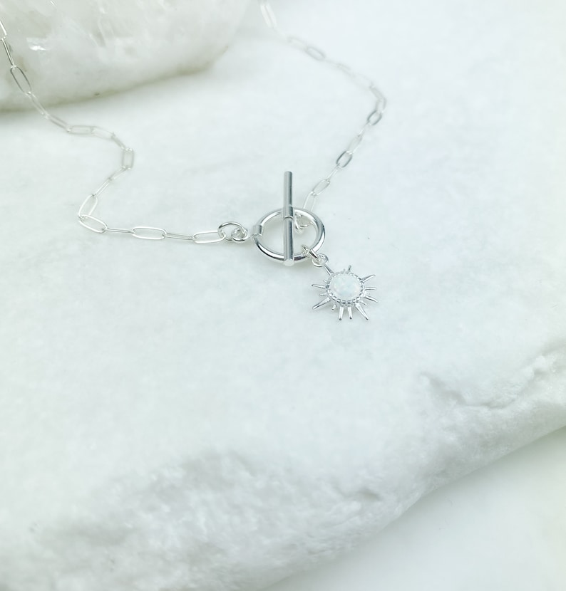 Sterling Silver Sun Necklace, Silver Toggle Necklace, Paperclip Necklace, Sun Necklace Silver, Opal Sun necklace, Gift for her, Jewelry