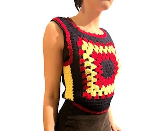 vintage '70s handmade knit vest, red, white, and blue