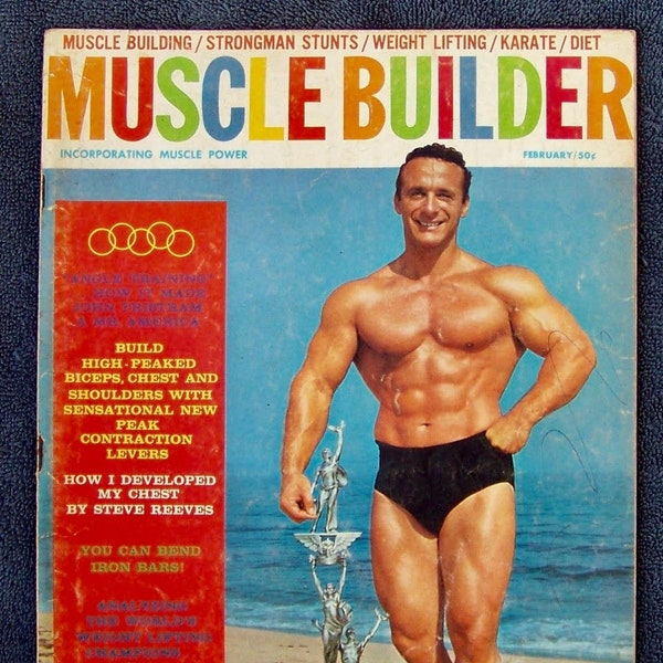 vintage Muscle Builder bodybuilding magazine, February 1963