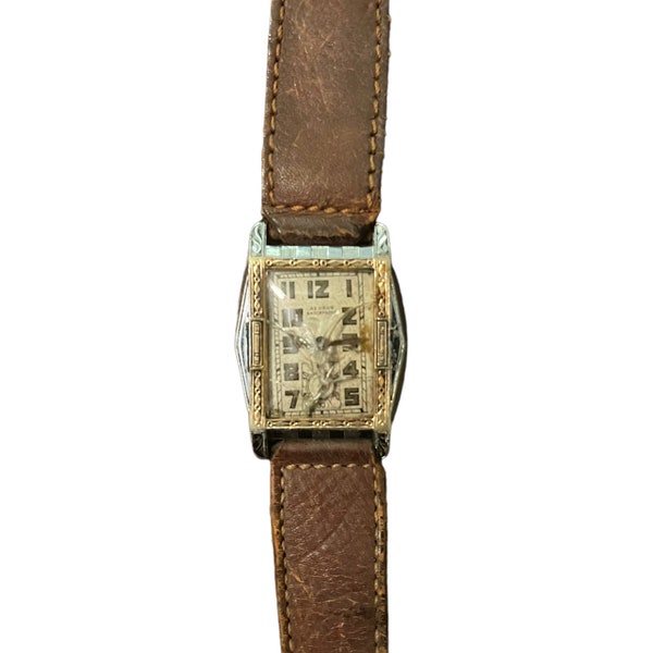 Montre-bracelet mécanique Benrus pour homme vintage des années 40 en plaqué or avec bracelet en cuir marron, ne fonctionne pas pour réparation ou pièces