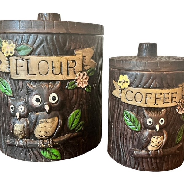 vintage '60s Treasure Craft owl canisters, set of two, flour & coffee