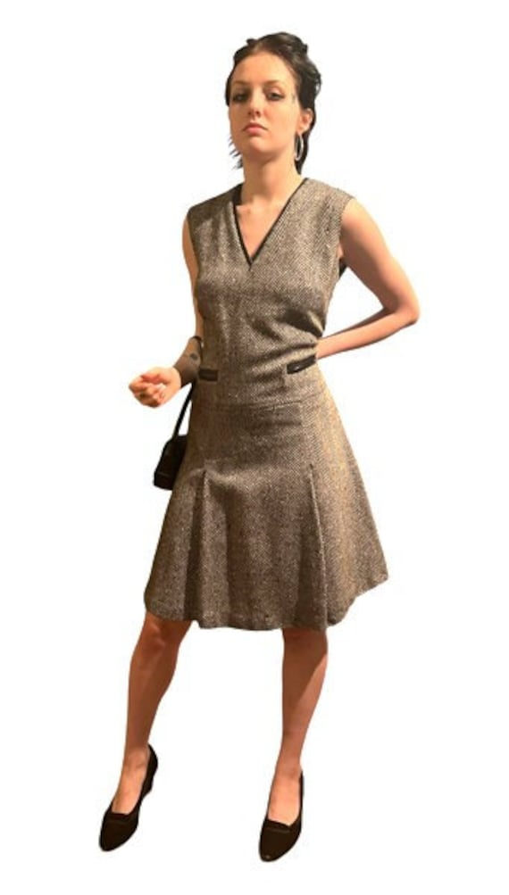 vintage '60s wool sleeveless herringbone dress, si