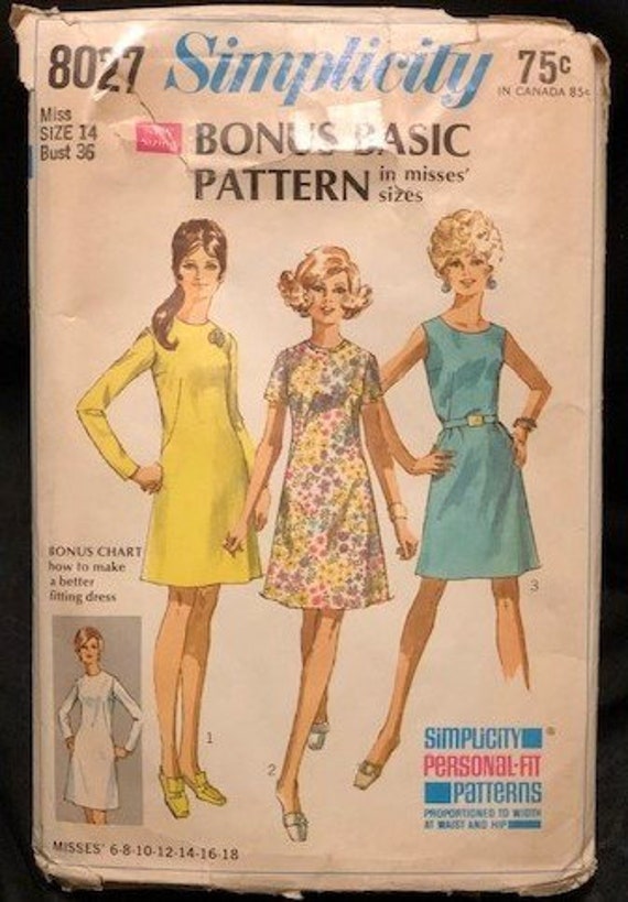 Vintage 1968 Simplicity Pattern 8086 Size 14 Dress