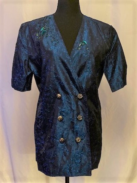 vintage '60s blue & black blouse with green detai… - image 9