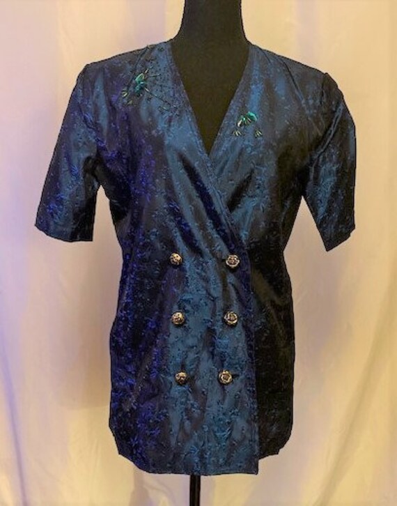 vintage '60s blue & black blouse with green detai… - image 4