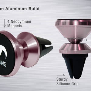 Pu&ograve; includere: Un supporto magnetico per telefono da auto in oro rosa con una base nera e quattro magneti al neodimio. Il supporto ha una rotazione di 360 gradi e una presa in silicone resistente.