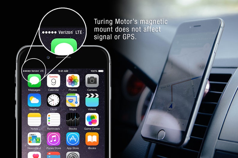 Pu&ograve; includere: Uno smartphone nero con uno schermo bianco che mostra la schermata iniziale di un iPhone. Il telefono &egrave; montato in un'auto tramite un supporto magnetico. Il testo sullo schermo recita "Verizon LTE" e "Marted&igrave; 9:41 AM". Il telefono &egrave; montato su una bocchetta di ventilazione dell'auto.
