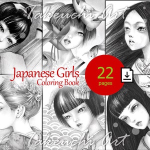 Libro da colorare per ragazze giapponesi - Arte digitale stampabile con download istantaneo - PDF in scala di grigi di TakeuchiArt