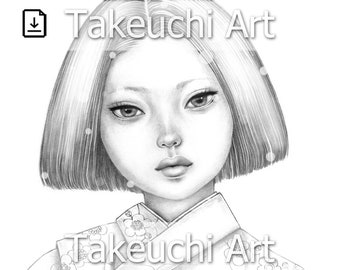 PDF Coloring Page Printable Digital Art - Japanese Kimono Girl 1