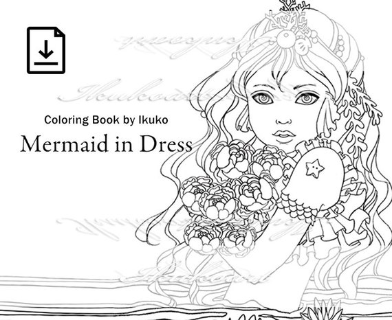 Download Pdf 20 Line Art Coloring Book Printable Art Mermaid In Dress Etsy