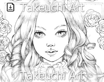 PDF Hand-Drawn Coloring Page Printable Digital Art - Peony Garden