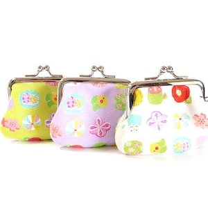 Cute little bird and Japanese sweets, metal frame purse, kiss lock purse, coin wallet