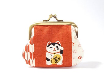 Beckoning cat and sushi, metal frame purse, kiss lock, coin wallet