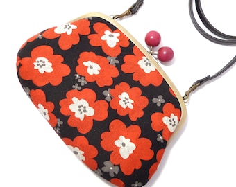 red flower, metal frame shoulder bag, kiss lock