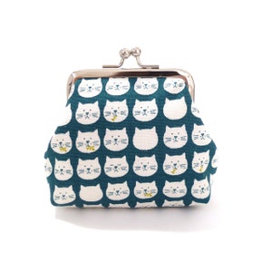 Cat eating fish, metal frame purse, kiss lock purse, coin purse