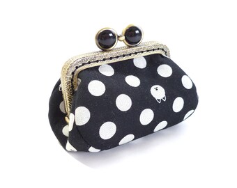 dots and dog, metal frame purse, black, kiss lock, coin wallet